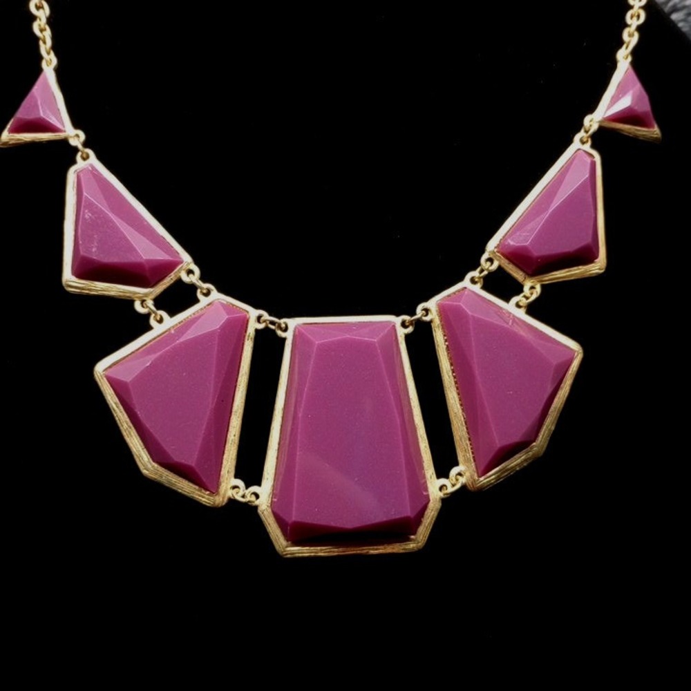 Gold Tone Geometric Statement Necklace Fuchsia Gemstones 16 Inch - Picture 2 of 10